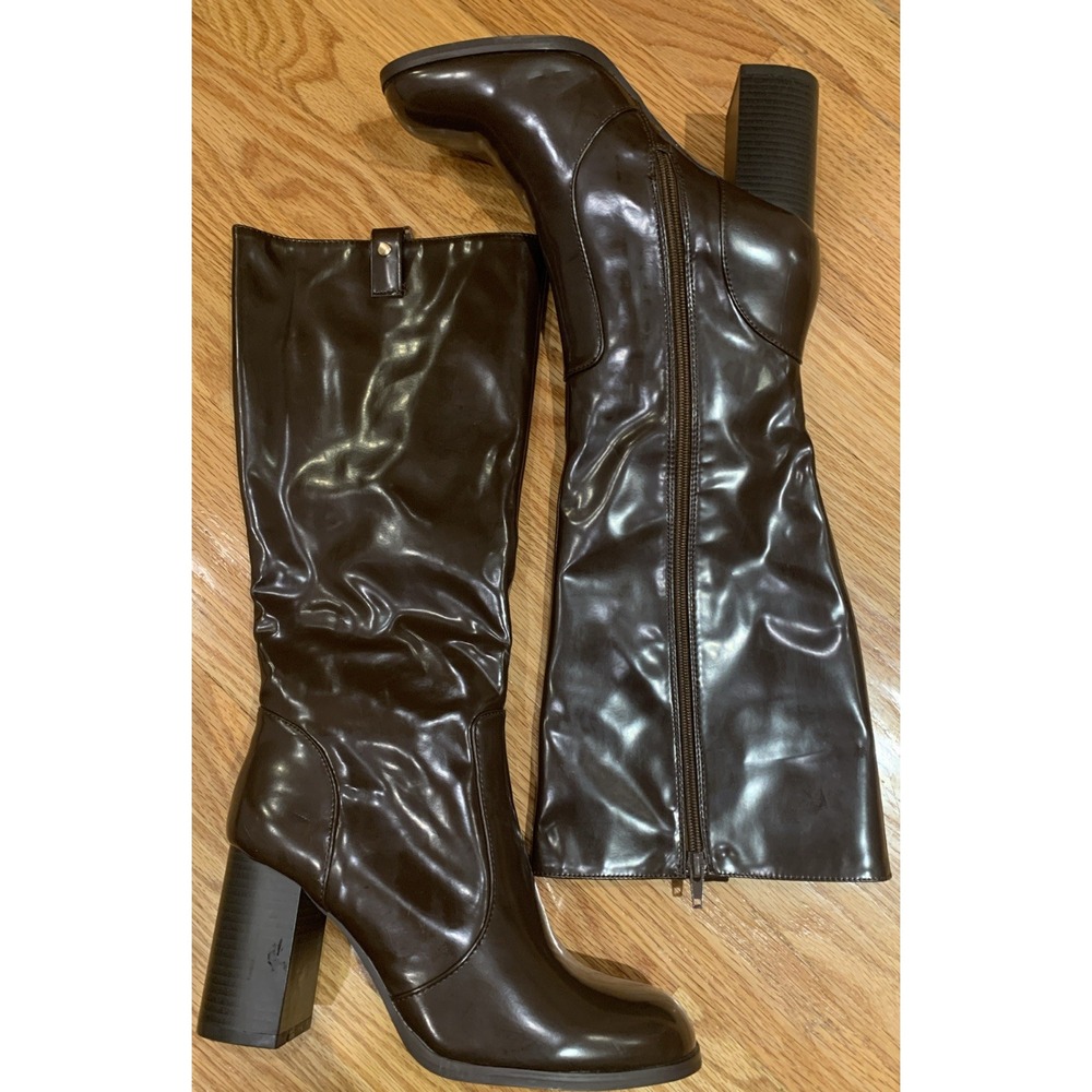 Women's Block High‎ Heel Knee High Boots Brown Patent Leather Zipper  Sz 10 NWOB - Picture 4 of 8
